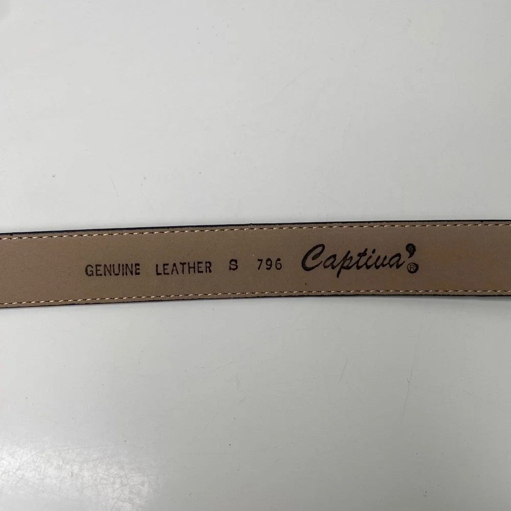 Captiva Navy Blue Genuine Leather‎ Belt Gold Sculptural Buckle Womens Small VTG?